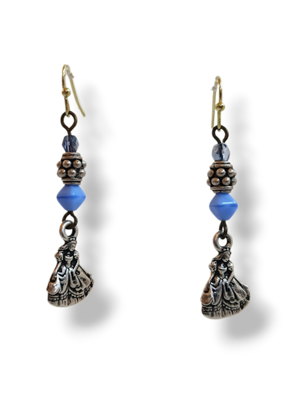 Hand crafted Cinderella charm earrings Silver Blue Princess fairytale wedding